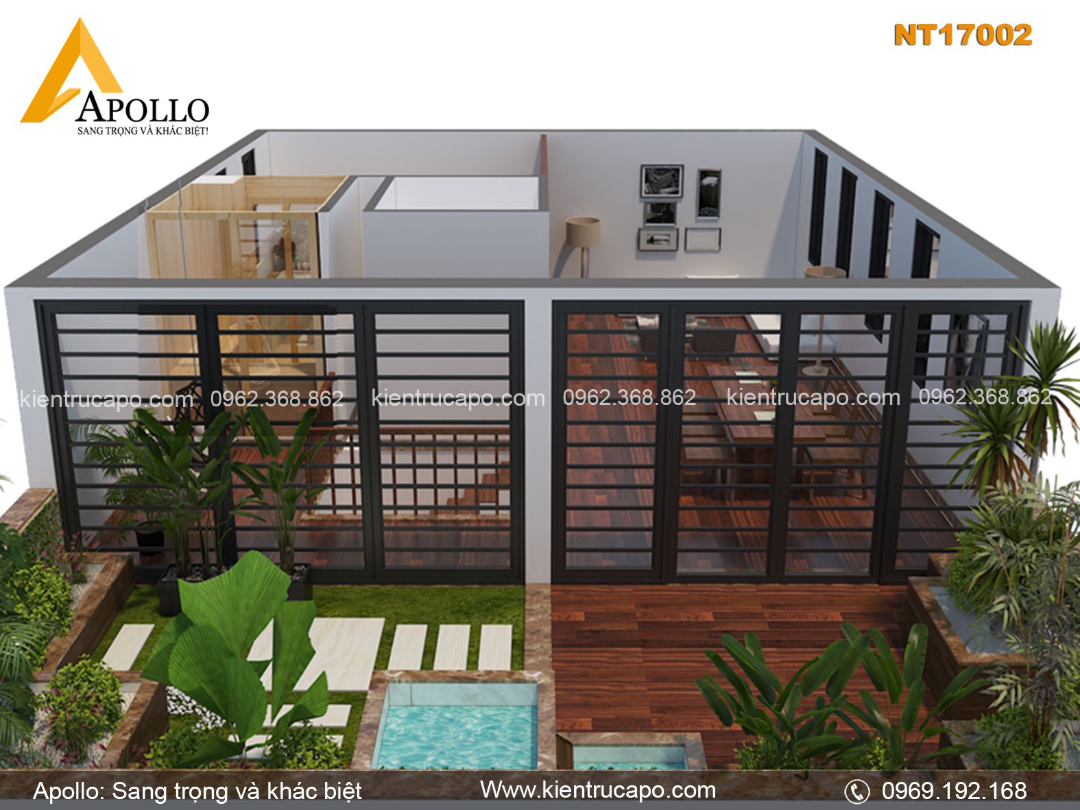 Mẫu nội thất hiện đại kết hợp sân vườn độc đáo ấn tượng (NT17002)